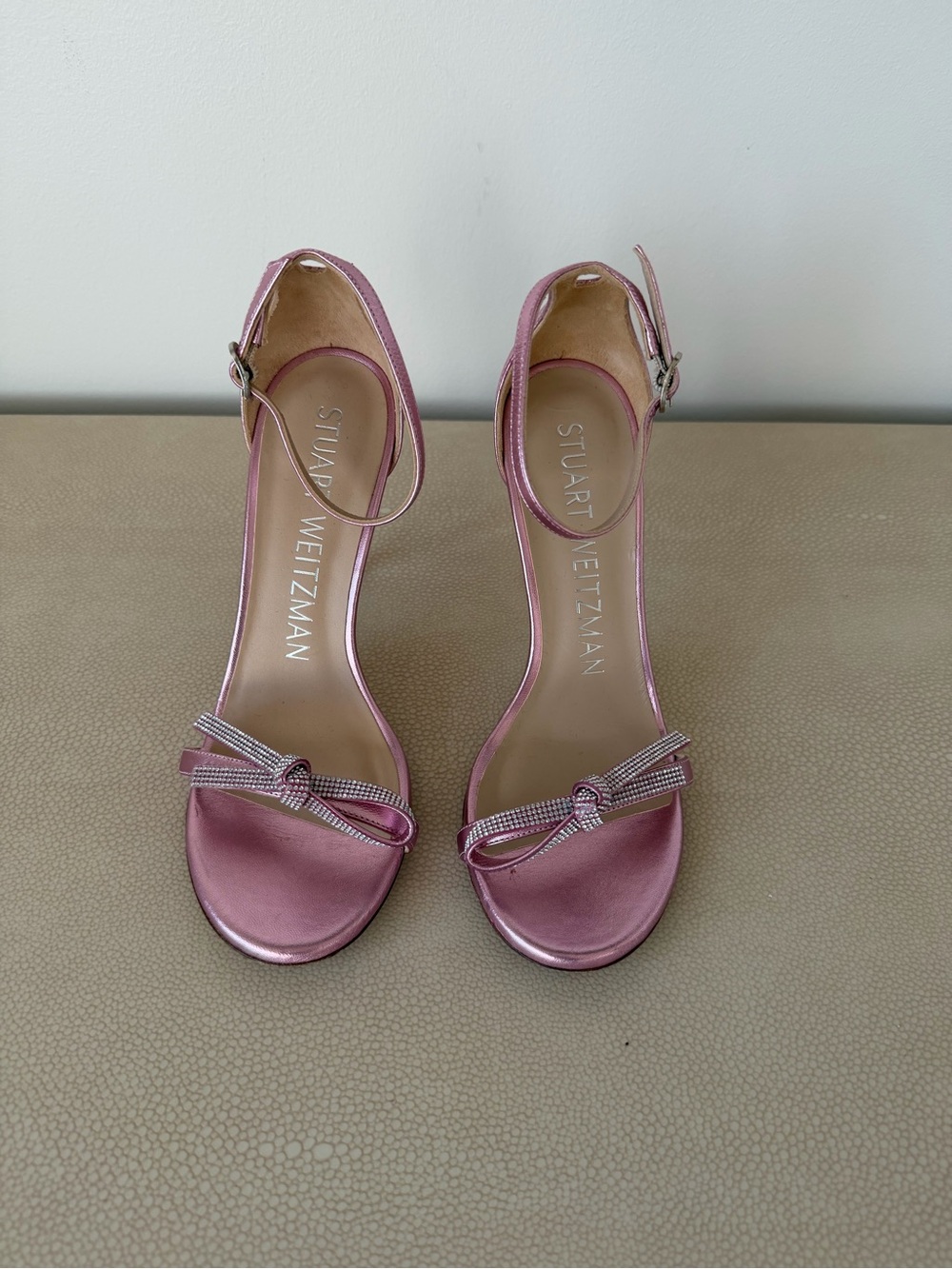 Stuart Weitzman Rose Pink Satin Ankle-Strap Heels with Bow